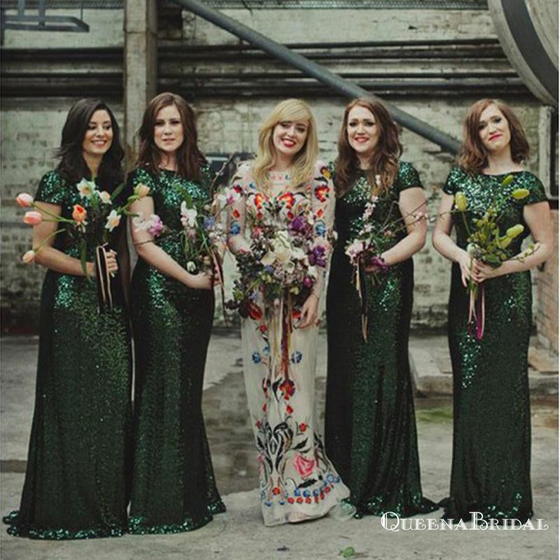 Mermaid Bateau Long Cheap Green Sequin Bridesmaid Dresses, QB0749 – QueenaBridal