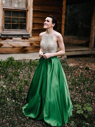 Halter Beaded Green Skirt A-line Long Evening Prom Dresses, QB0445