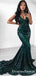 Green Mermaid Long Cheap V-Neck Green Sequined Prom Dresses, QB0555