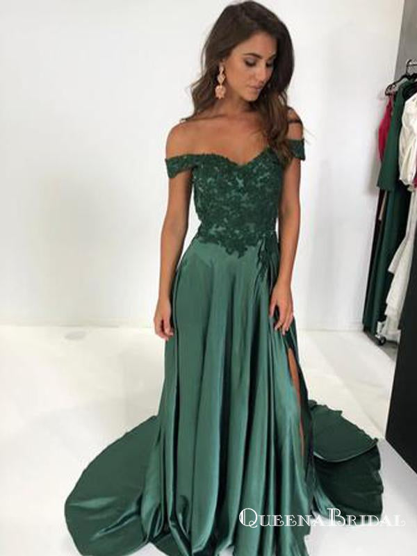 Elegant Green Lace V-neck Off-the-shoulder Long Satin Split Prom Dresses, QB0597