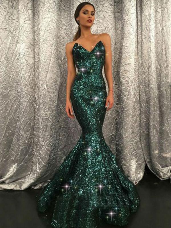 2019 Sparkly V Neck Green Sequin Custom Long Evening Prom Dresses, QB0448