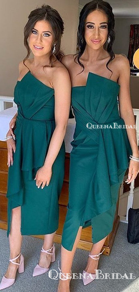 Simple Charming Sweetheart Green Satin A-line Long Cheap Tea-Length Bridesmaid Dresses, BDS0036
