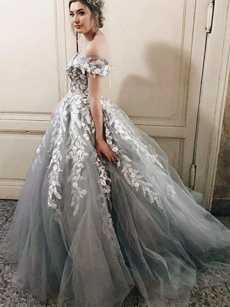 Off Shoulder Grey Lace Beaded A-line Long Evening Prom Dresses, QB0439