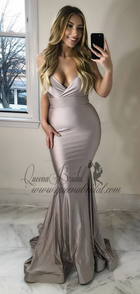 Spaghetti Straps Grey Mermaid Long Evening Prom Dresses, QB0440