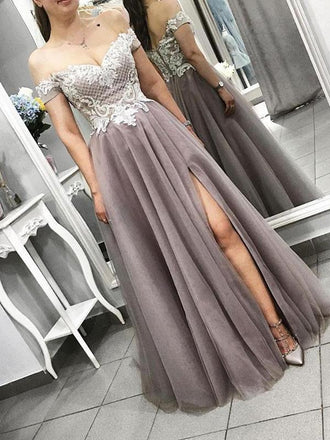 Off Shoulder Lace Grey Cheap Long Evening Prom Dresses, QB0363