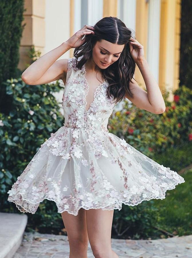 V Neck Lace Handmade Flower Cute Cheap Short Homecoming Dresses 2018, QueenaBridal V Neck Lace Handmade Flower Cute Cheap Short Homecoming Dresses 2018, QueenaBridal