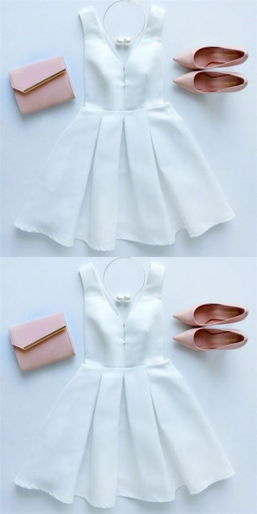 Simple A-Line V-Neck Zipper Back  Short Cheap White Satin Homecoming Dresses, QB0065
