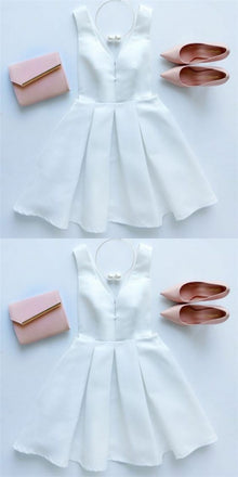 Simple A-Line V-Neck Zipper Back  Short Cheap White Satin Homecoming Dresses, QB0065