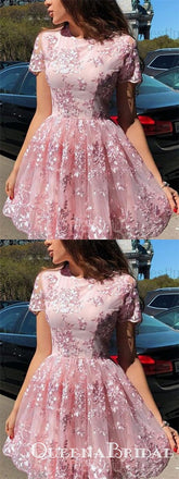 Elegant Short Sleeve Pink Lace Mini Party Gowns Homecoming Dresses, QB0839