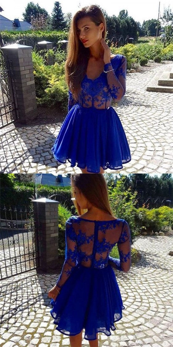 Pretty V-Neck Long Sleeves Royal Blue Short Cheap Homecoming Dresses, QueenaBridal Pretty V-Neck Long Sleeves Royal Blue Short Cheap Homecoming Dresses, QueenaBridal