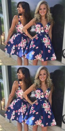 Sexy V-Neck Straps Short Cheap Floral Print Satin Homecoming Dresses, QB0192