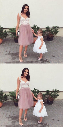 Sexy Spaghetti Strap V-neck Dusty Pink Tulle Homecoming Dresses with Lace, QB0215