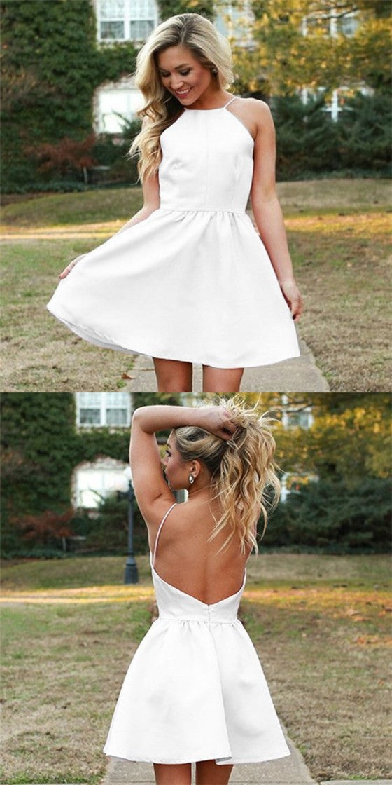 Simple Halter Strap Backless Short Cheap Pink Satin Homecoming Dresses QueenaBridal Simple Halter Strap Backless Short Cheap Pink Satin Homecoming Dresses QueenaBridal