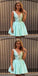 Sexy V-Neck Short Cheap Mint Satin Homecoming Dresses with Appliques, QB0197