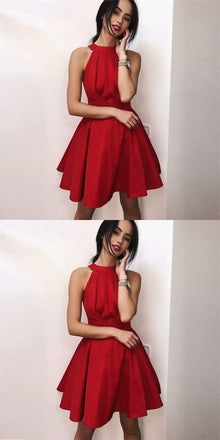 Pretty Halter Sleeveless Cheap Red Short Satin Homecoming Dresses, QB0213