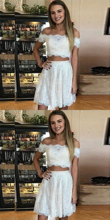 Two Piece Off-Shoulder Lace Short Cheap White Homecoming Dresses, QB0175
