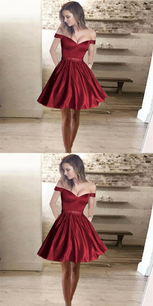 Red A-Line Off-Shoulder Short Satin Cheap Beaded Homecoming Dresses with Pockets, QB0043