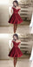 Red A-Line Off-Shoulder Short Satin Cheap Beaded Homecoming Dresses with Pockets, QB0043
