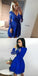 Pretty V-Neck Long Sleeves Royal Blue Short Cheap Homecoming Dresses with Applique, QB0193