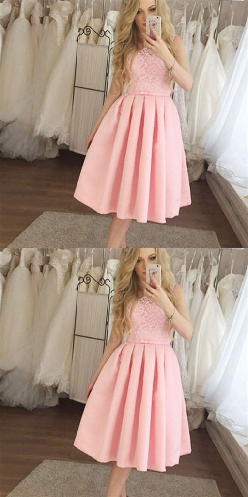 Pretty Round Neck Short Cheap Pink Homecoming Dresses with Lace, QB0219