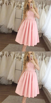 Pretty Round Neck Short Cheap Pink Homecoming Dresses with Lace, QB0219