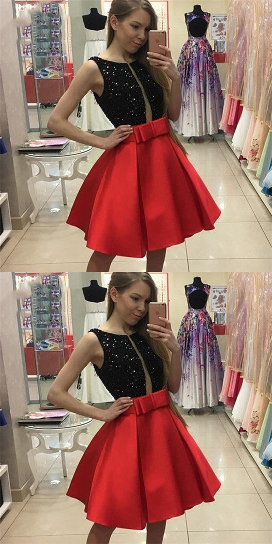 Sexy Jewel Red Satin Short Cheap Homecoming Dresses with Sequins & Bow QueenaBridal Sexy Jewel Red Satin Short Cheap Homecoming Dresses with Sequins & Bow QueenaBridal