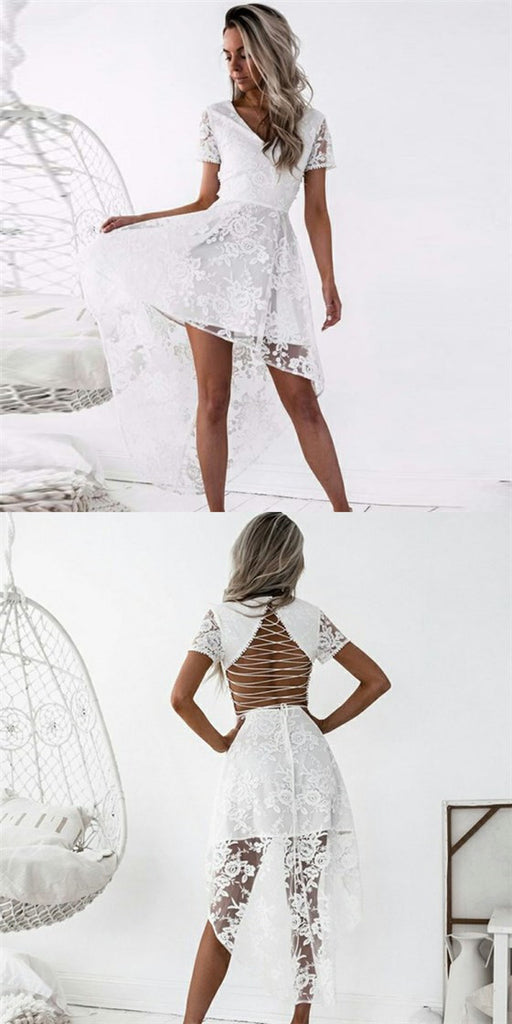 Sexy  V-Neck Short Sleeves White Lace High Low Cheap Homecoming Dresses, QB0075