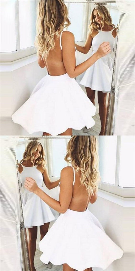 Simple A-Line Round Neck Backless Short White Homecoming Dresses, QB0061