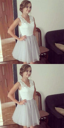 A-Line V-Neck Short Gray Tulle Cheap Homecoming Dresses with Lace, QB0055