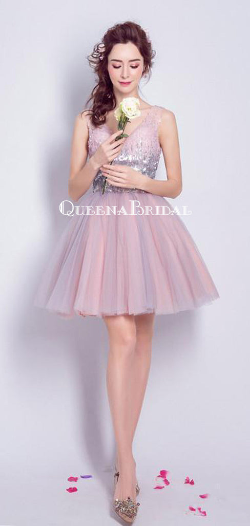 Sparkly V Neck Sequin Cute Short Pink Homecoming Dresses 2018, CM510