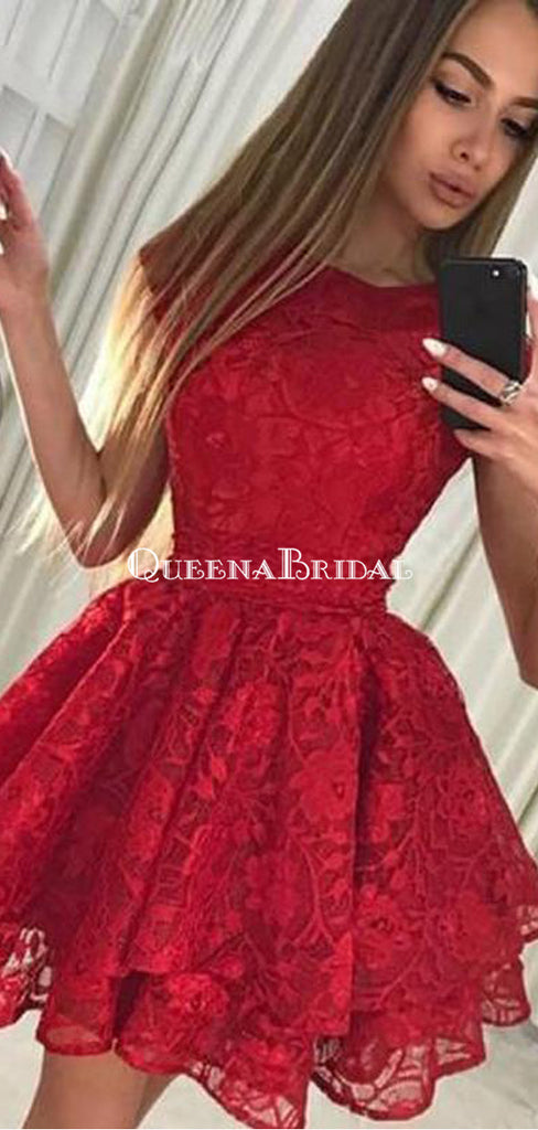 Red Cap Sleeve Lace Cheap Short Homecoming Dresses with Bow Knot, QB0211