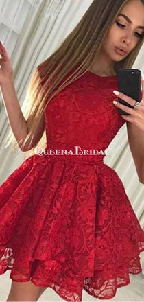 Red Cap Sleeve Lace Cheap Short Homecoming Dresses with Bow Knot, QB0211