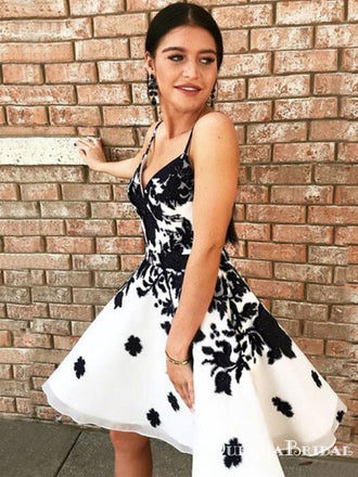 Charming V-neck Organza Lace Appliqed Short Party Homecoming Dresses, HDS0007