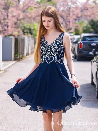Charming V-neck Navy Blue Chiffon Beaded Short Party Homecoming Dresses, HDS0010