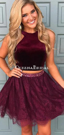 Halter Two Piece Red Lace Cheap Homecoming Dresses 2025 , CM413
