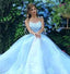 Baby Blue Illusion Neck Long Cheap Tulle Prom Dresses With Applique, QB0668