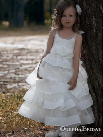 Cute Square Sleeveless Long Cheap Flower Girl Dresses With Handmade Flowers, QB0830