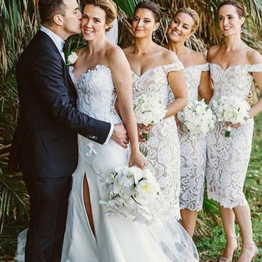 Tight Off Shoulder Mid-Calf Ivory Lace Short Cheap Bridesmaid Dresses Online, QB0150