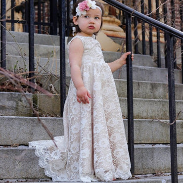 Cute Jewel Open Back Sweep Train Ivory Lace Long Cheap Flower Girl Dresses, QB0102