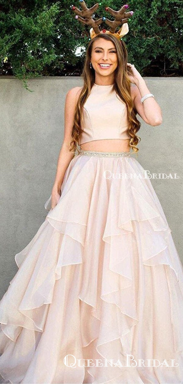 Two Piece Charming Elegant Round Neck Sleeveless Organza Ball Gown Lon QueenaBridal Two Piece Charming Elegant Round Neck Sleeveless Organza Ball Gown Lon QueenaBridal