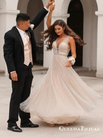 Charming V-Neck Mesh Long Ivory Long Cheap Prom Dresses, QB0761