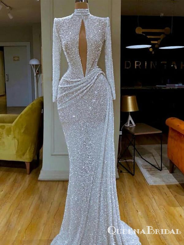New Arrival Sparkly High Neck Long Sleeves Open Chest Long Cheap Mermaid Sequin Prom Dresses, QB0929