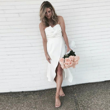 Pretty Sweetheart Asymmetrical Short Cheap Ivory Satin Bridesmaid Dresses Online, QB0157