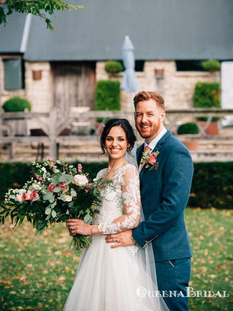 Popular V-neck Long Sleeve Top Lace Tulle Long Cheap Wedding Dresses, QB0860