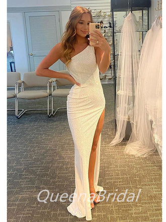 Sexy Ivory Mermaid One Shoulder Side Slit Maxi Long Prom Dresses,WGP272