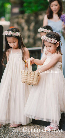 Lovely Halter-Straps Ivory Tulle Long Floor-Length Cheap Flower Girl Dresses, FGS0001