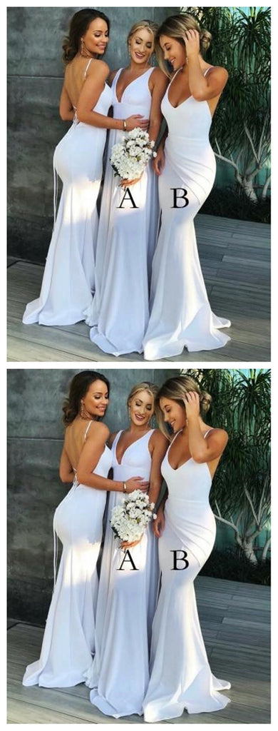 White V Neck Mermaid Long Cheap Custom Bridesmaid Dresses Online, WG271
