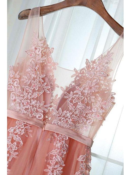 Lace Appliqued Peach Formal Dresses Navy Blue Tulle See Through Prom D QueenaBridal Lace Appliqued Peach Formal Dresses Navy Blue Tulle See Through Prom D QueenaBridal