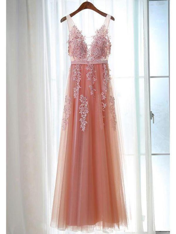Lace Appliqued Peach Formal Dresses Navy Blue Tulle See Through Prom D QueenaBridal Lace Appliqued Peach Formal Dresses Navy Blue Tulle See Through Prom D QueenaBridal