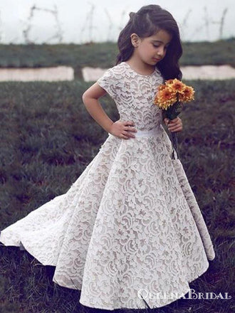 Elegant Jewel Short Sleeves Sweep Train Ivory Lace Long Cheap Flower Girl Dresses, QB0079